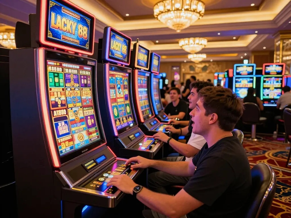 Lucky88 slot machine celebrating a big win with players enjoying vibrant casino lights.