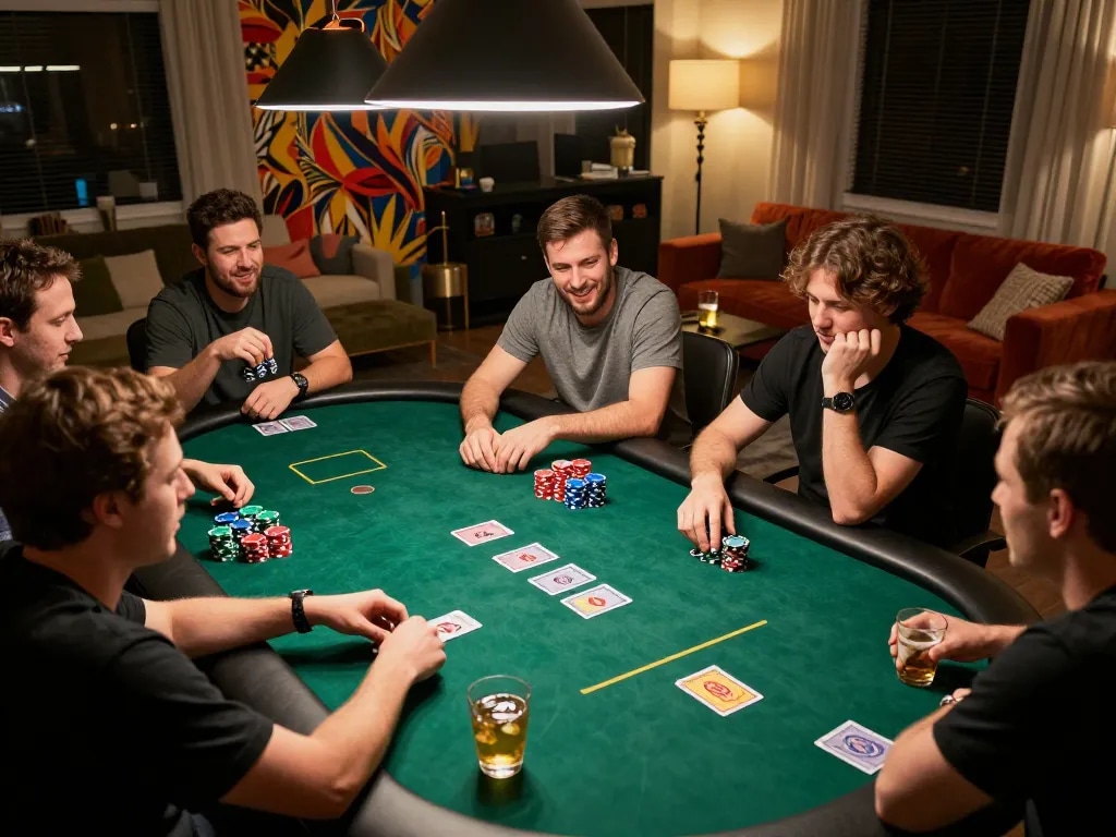 Players strategizing during a high-stakes home poker game with DA88 ambiance lighting.