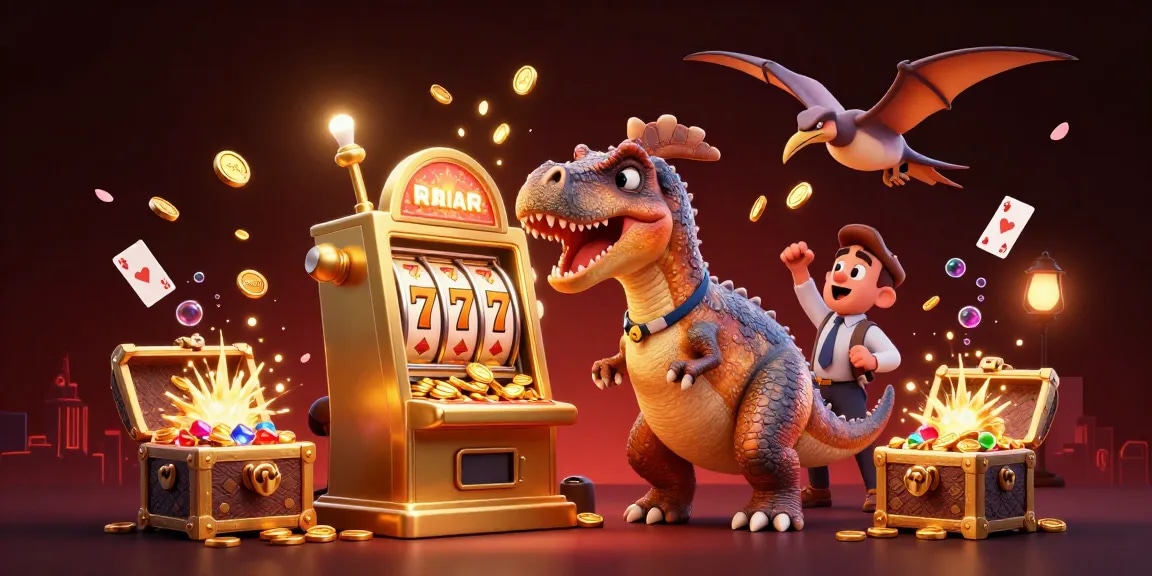 11WIN reveals a vibrant illustration of a dinosaur interacting with a jackpot slot machine amidst flying coins, showcasing action and excitement.
