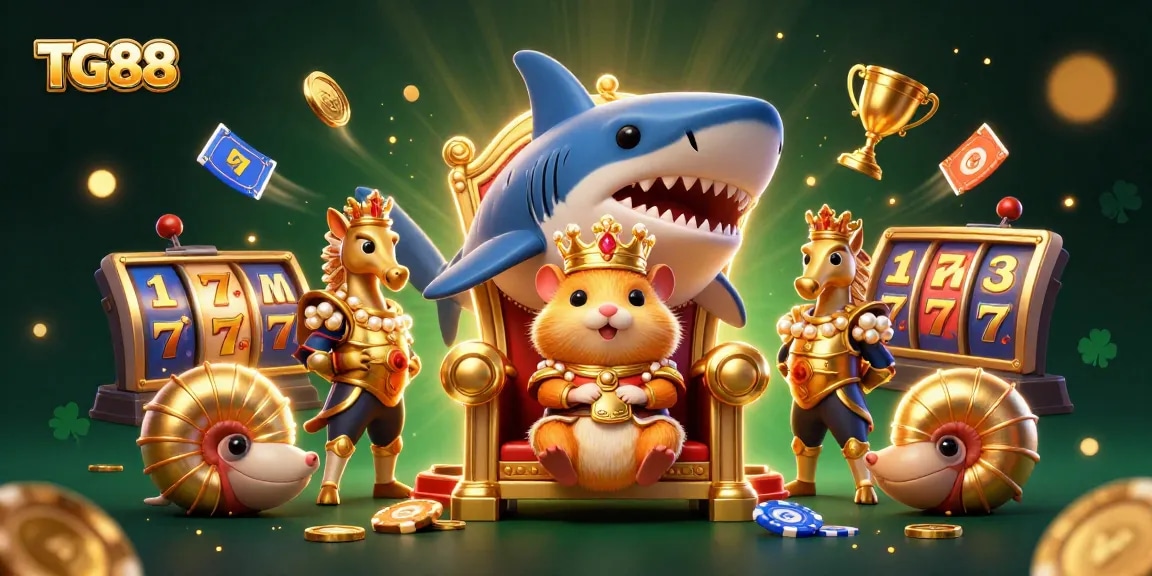 TG88 showcases a vibrant casino scene with a golden hamster king and thrilling slot machines in action.