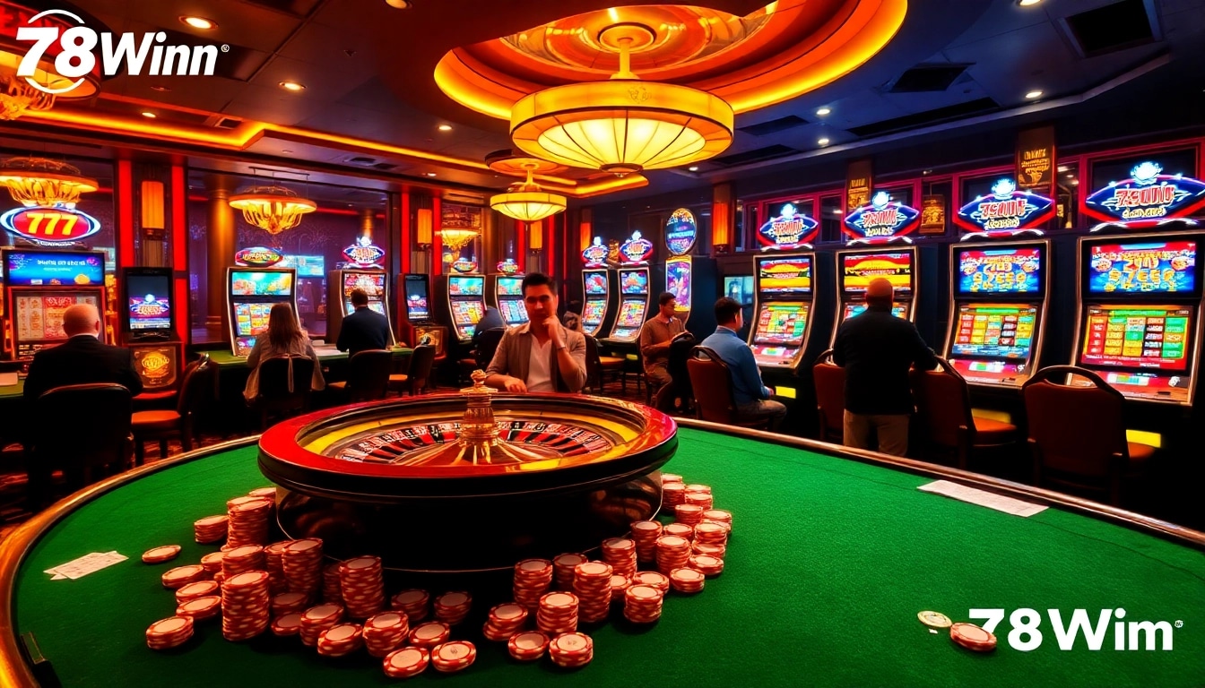 Experience high-stakes gaming and thrilling action with 78Win in a vibrant casino environment.