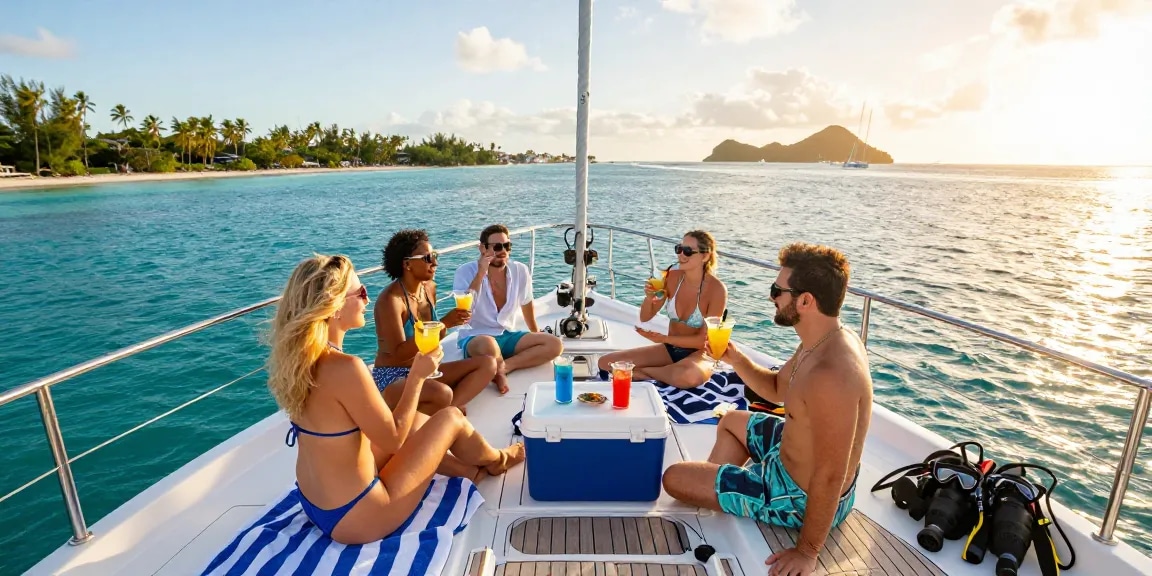 Incredible yacht rental Punta Cana experience with friends on a luxury catamaran enjoying vibrant tropical waters during sunset