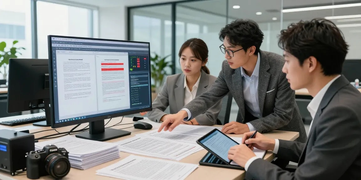 Document fraud detection team analyzing discrepancies in a modern office setting.