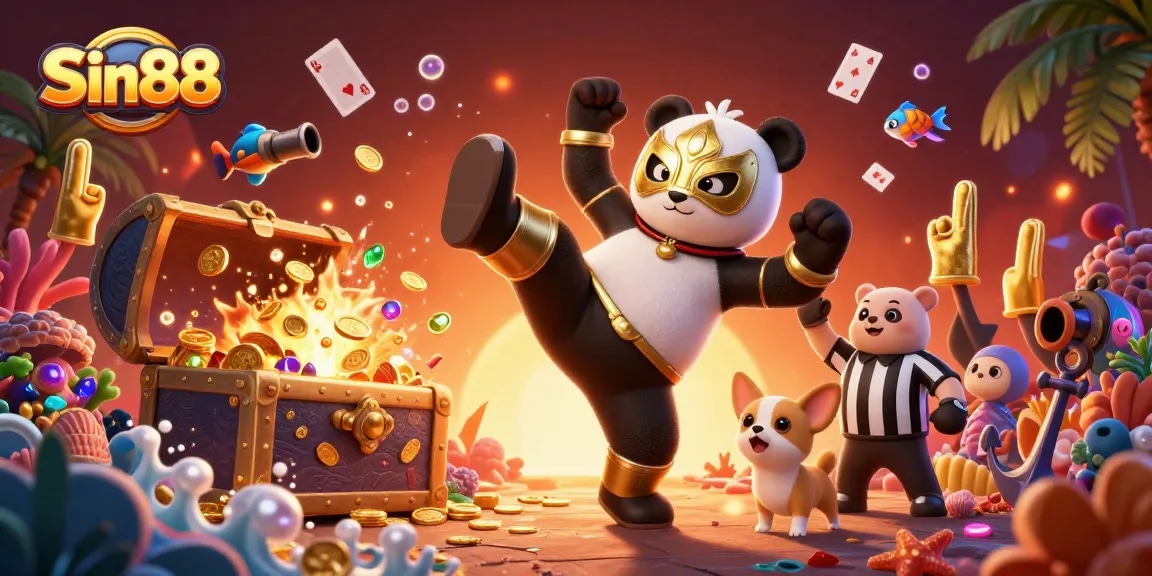 Sin88 showcases an exciting 3D scene with panda wrestlers, treasure chests, and vibrant casino elements.
