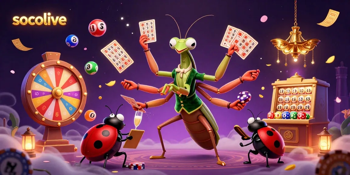 Socolive showcases a lively casino scene with a mantis dealing cards and vibrant elements.