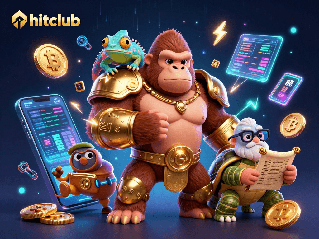 Engage with hitclub's vibrant casino experience, featuring a dynamic gorilla king, chameleon, and tortoise amidst crypto elements.