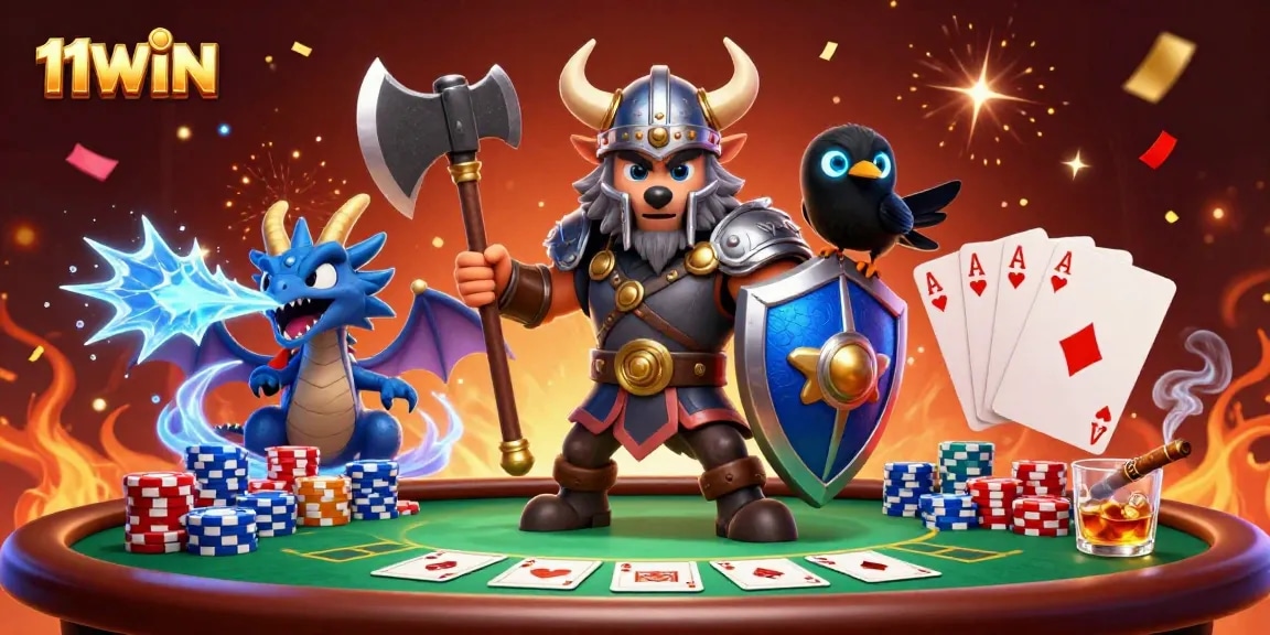 Experience thrilling poker action with 11WIN, featuring a Viking warrior and mystical dragon.