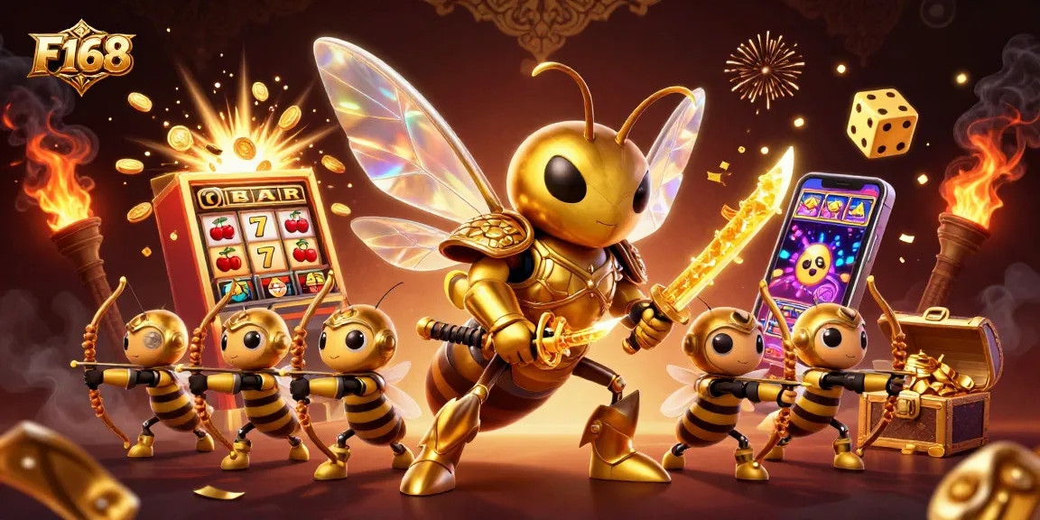 F168 delivers thrilling wins with a dynamic scene of a casino-themed illustration featuring lively gaming elements.