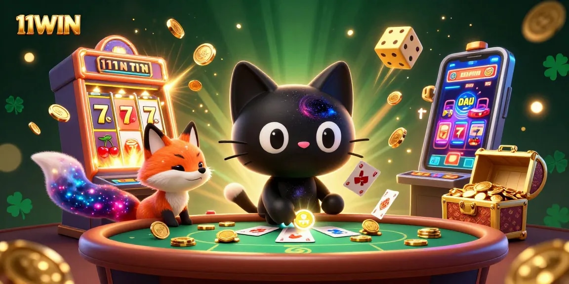 11WIN showcases an enchanting 3D cosmic casino scene with a black hole cat and vibrant elements.