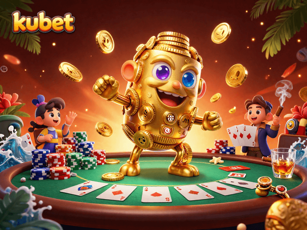 Kubet's vibrant gaming scene, showcasing a golden golem and poker elements, offering thrilling casino action.