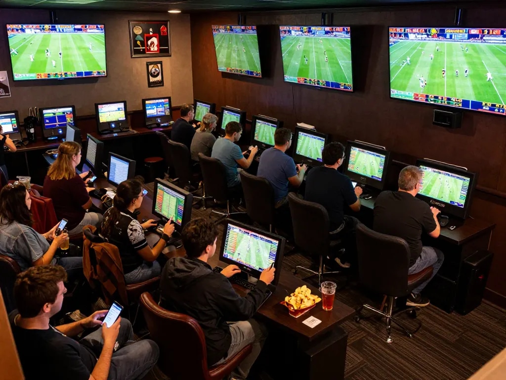 Tỷ Lệ Bóng Đá displayed on screens in a lively sports betting lounge, with enthusiasts engaged in mobile betting.