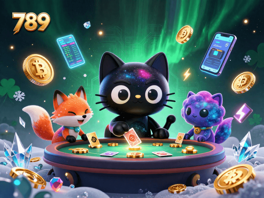 Win big with 789 at the cosmic casino, featuring a black hole cat and neon coins.