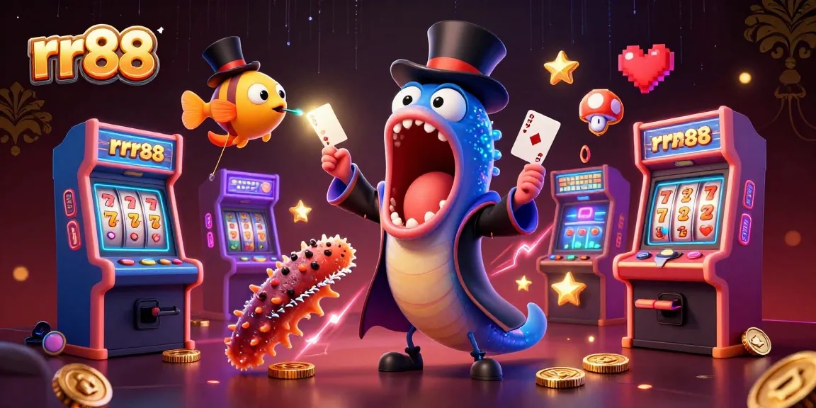 Play thrilling games at rr88 with a 3D deep-sea eel performing tricks amidst casino elements.