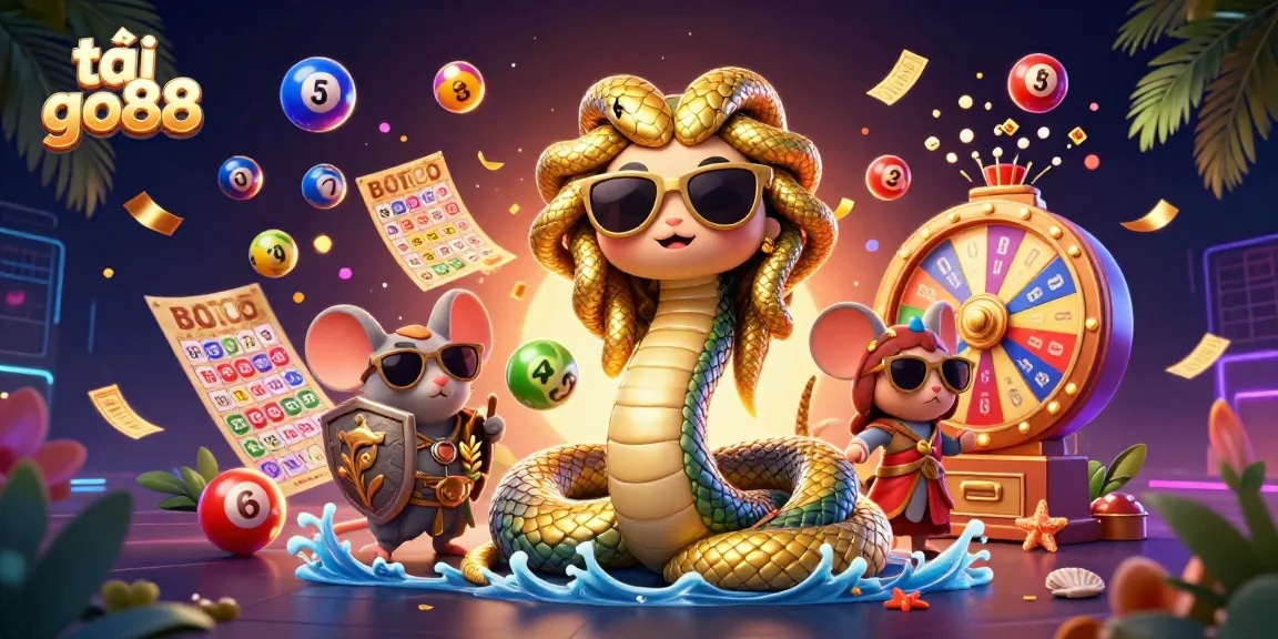 Experience the excitement of tải go88 with colorful lottery elements and friendly characters in a lively casino scene.
