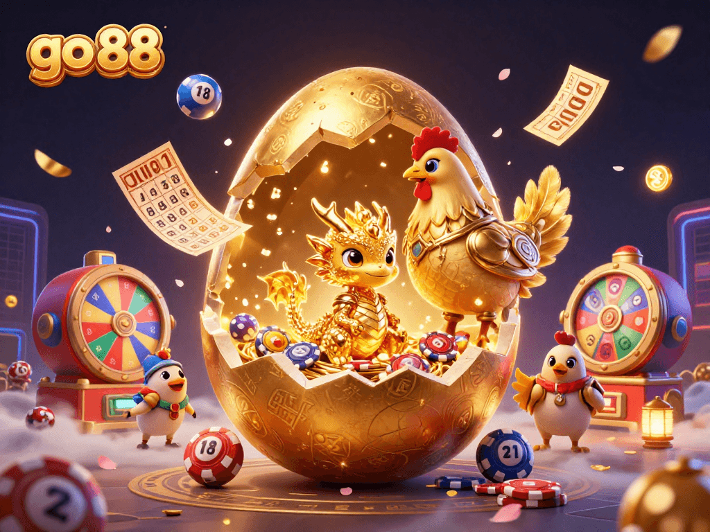 Experience go 88 with a dazzling illustration of a golden dragon amid vibrant casino elements.