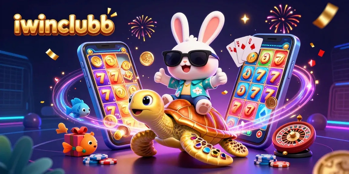 Experience the thrill of iwinclubb with a lucky rabbit on a golden turtle, surrounded by casino games.