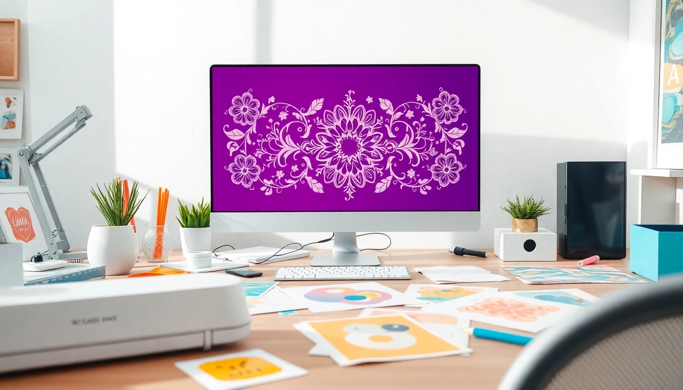 SVG cut files free download showcased in a vibrant digital artist workspace filled with design tools.