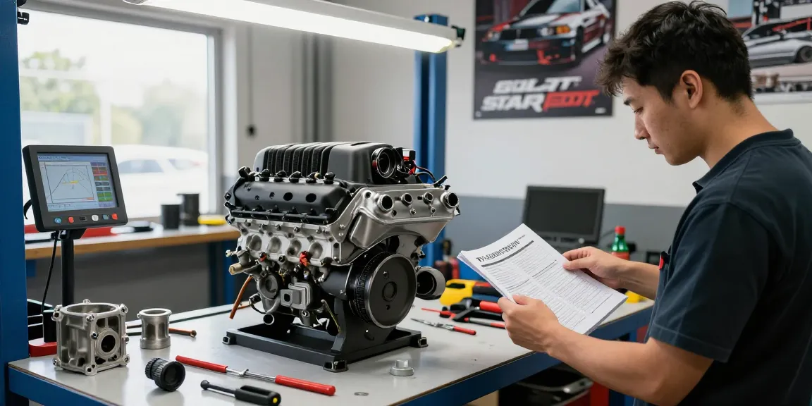 VT supercharger kit installation in automotive workshop with mechanic and engine parts