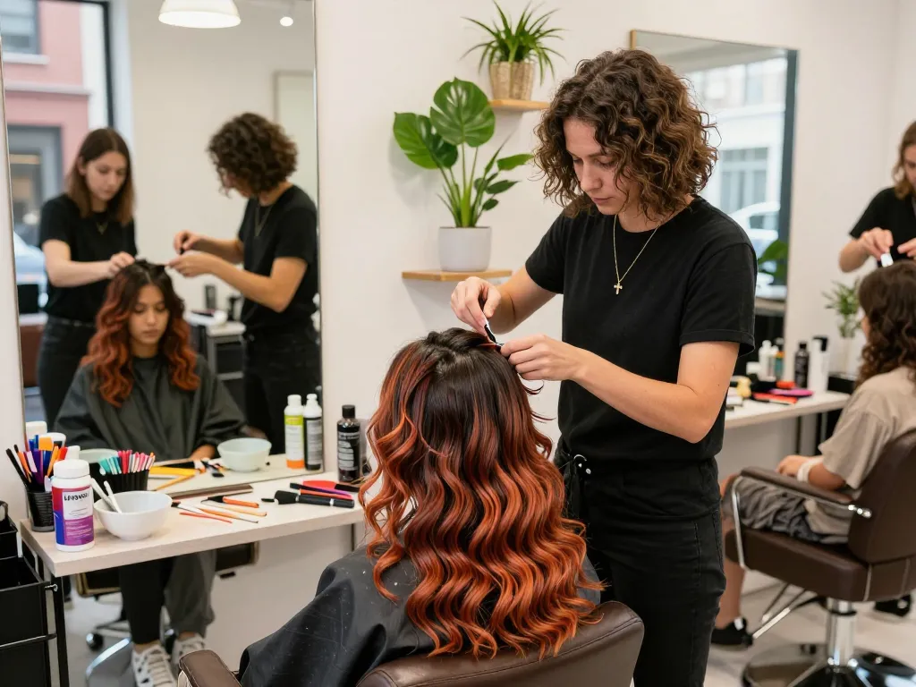 Hair colour specialist applying balayage technique in a vibrant salon atmosphere.
