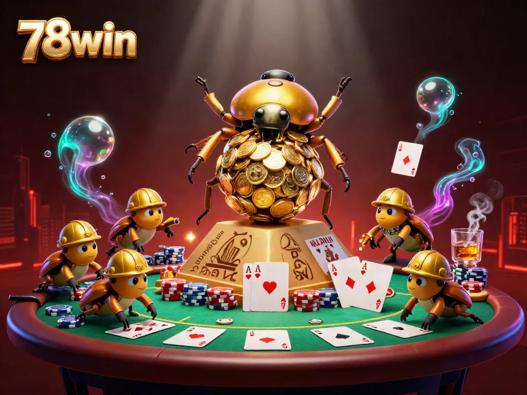Experience the excitement of 78win with a golden beetle rolling a treasure of coins amidst vibrant casino elements.