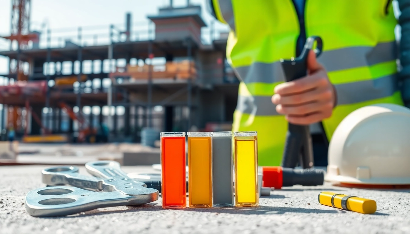 Conducting construction assessment testing with tools on a construction site to ensure safety and quality.
