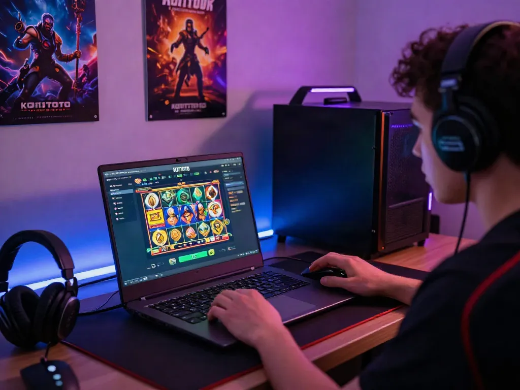 Engaged user enjoying KOITOTO's slot games on a sleek laptop in a vibrant gaming room.