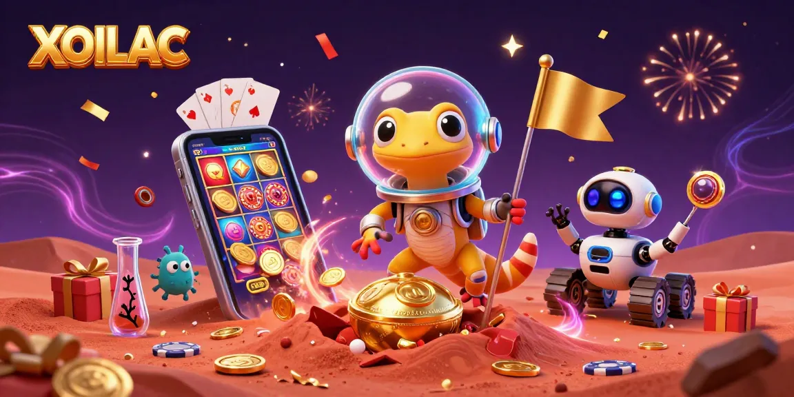 Experience the thrill of XOILAC with a vibrant 3D casino illustration and dynamic elements.