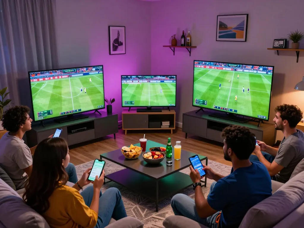 Watching kết quả bóng đá live on multiple screens while enjoying snacks and drinks with friends.
