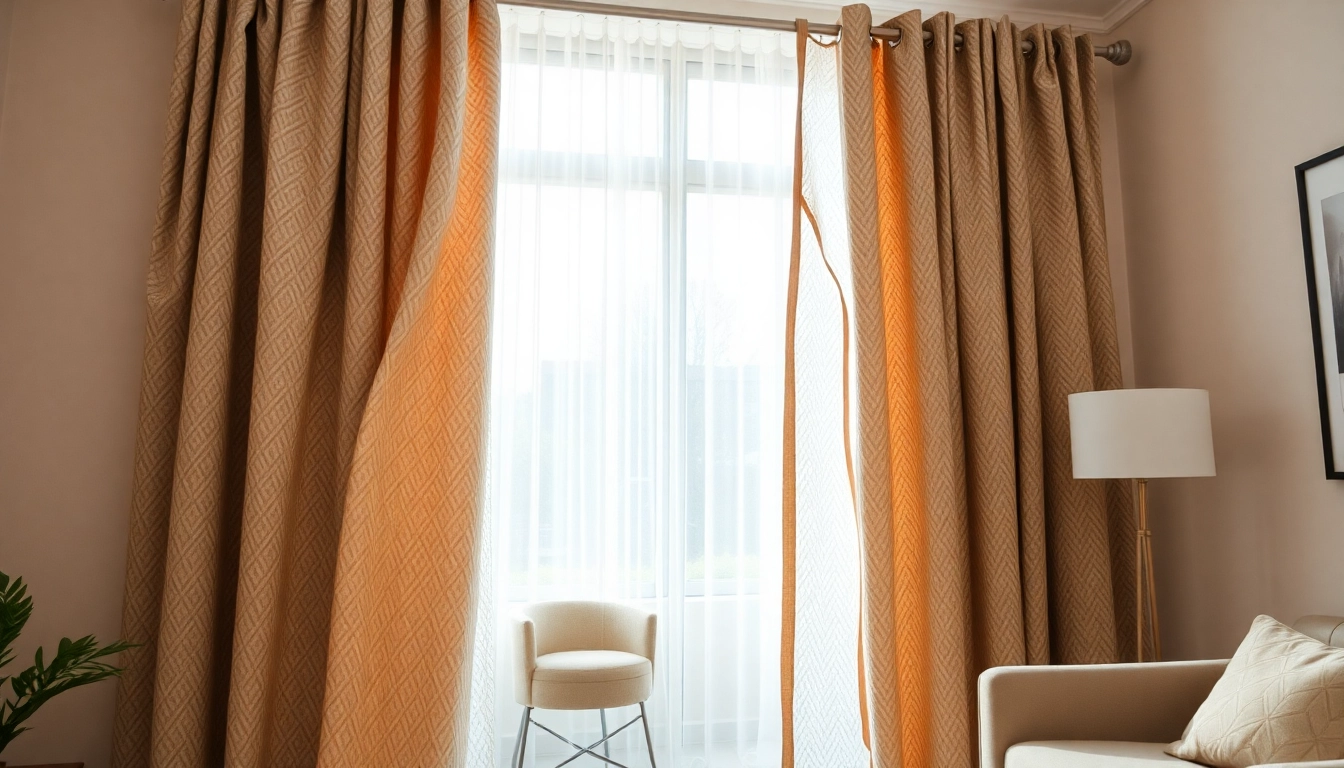Stof voor gordijnen in een stijlvolle woonkamer, benadrukt door natuurlijk licht.
