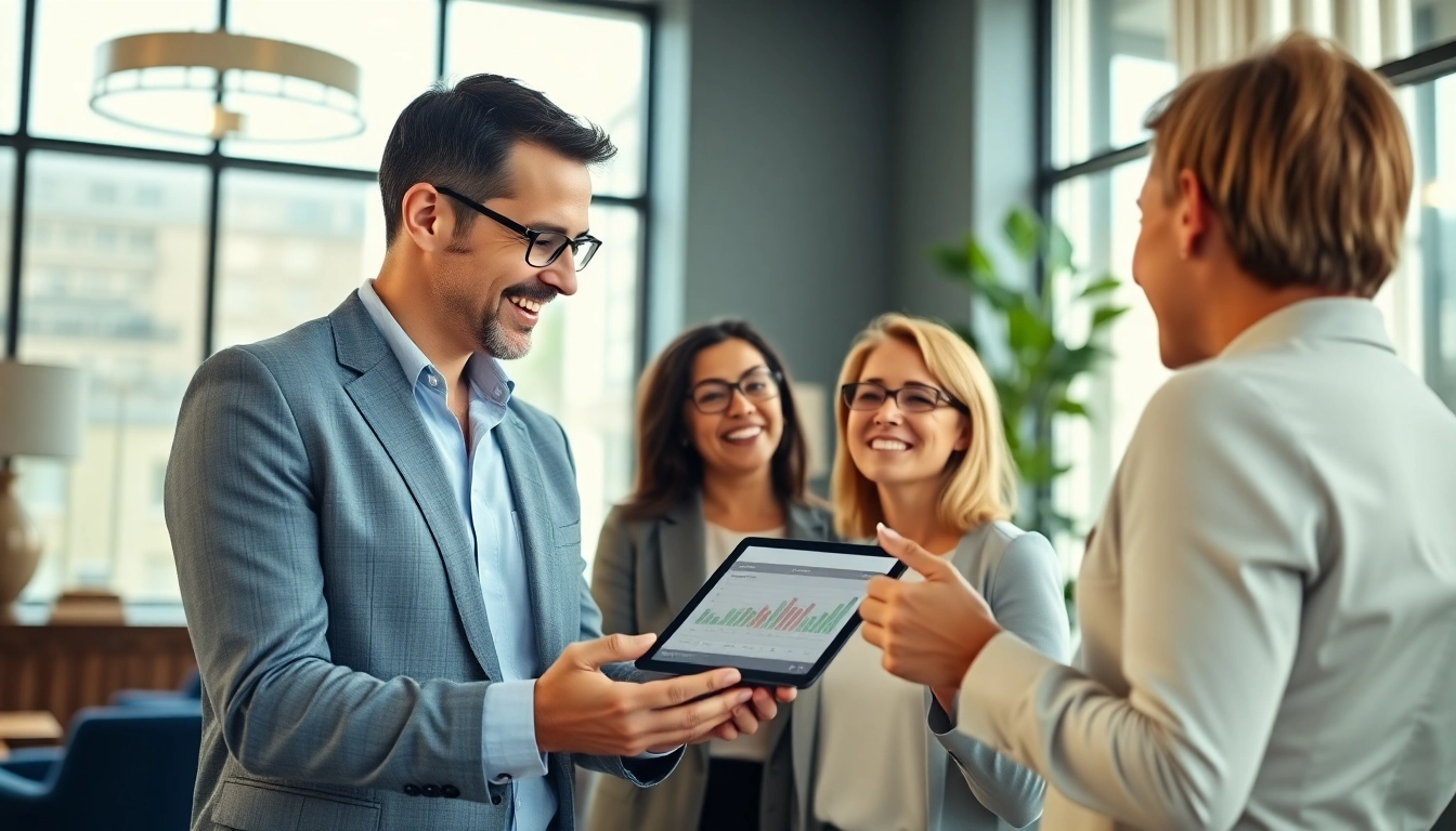 Engaging financial advisor meeting clients about the best wealth management firms.