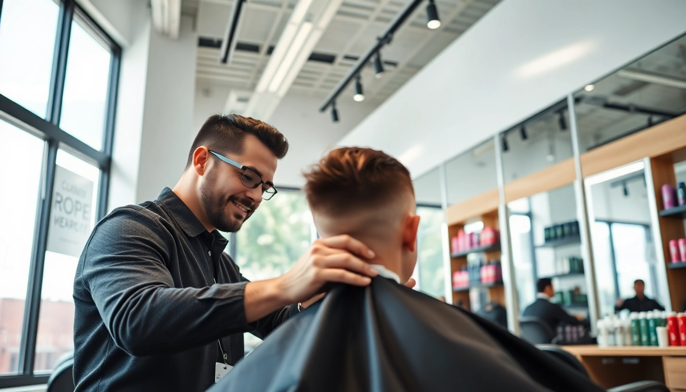 Friseur in a modern salon expertly cutting hair in a stylish interior.