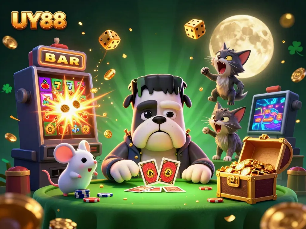 Engaging illustration of UY88 with a whimsical casino scene featuring characters and jackpot elements.