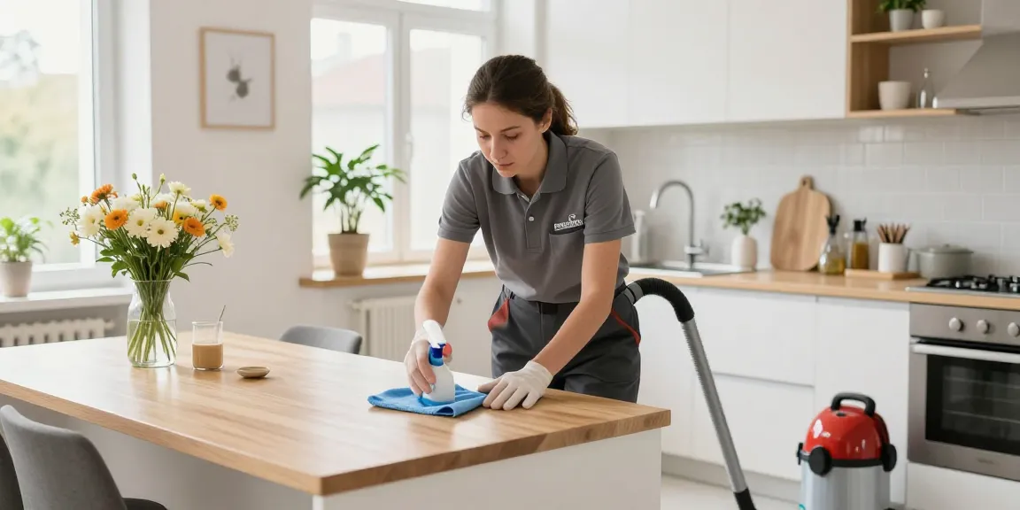 Professional cleaner demonstrating umzugsreinigung solothurn in a bright apartment setting.