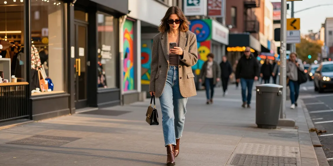 Fashionable woman showcasing urban street style with chic blazer and accessories in vibrant city.
