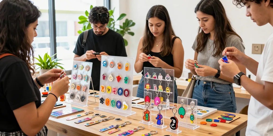Discover custom keychains displayed on a vibrant shopping table, showcasing colorful designs and diverse materials.
