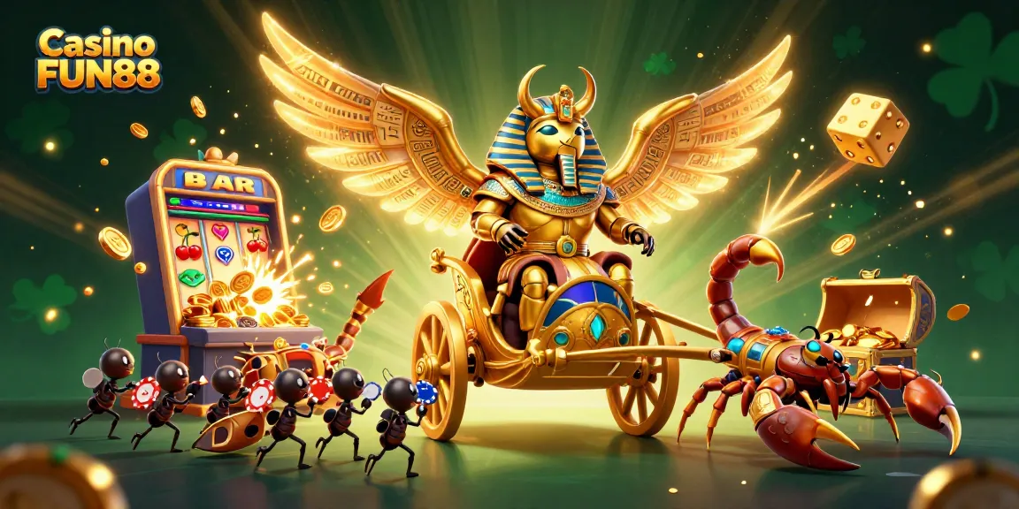 Engage with Casino FUN88, featuring vibrant slot action, golden beetles, and a jackpot explosion.