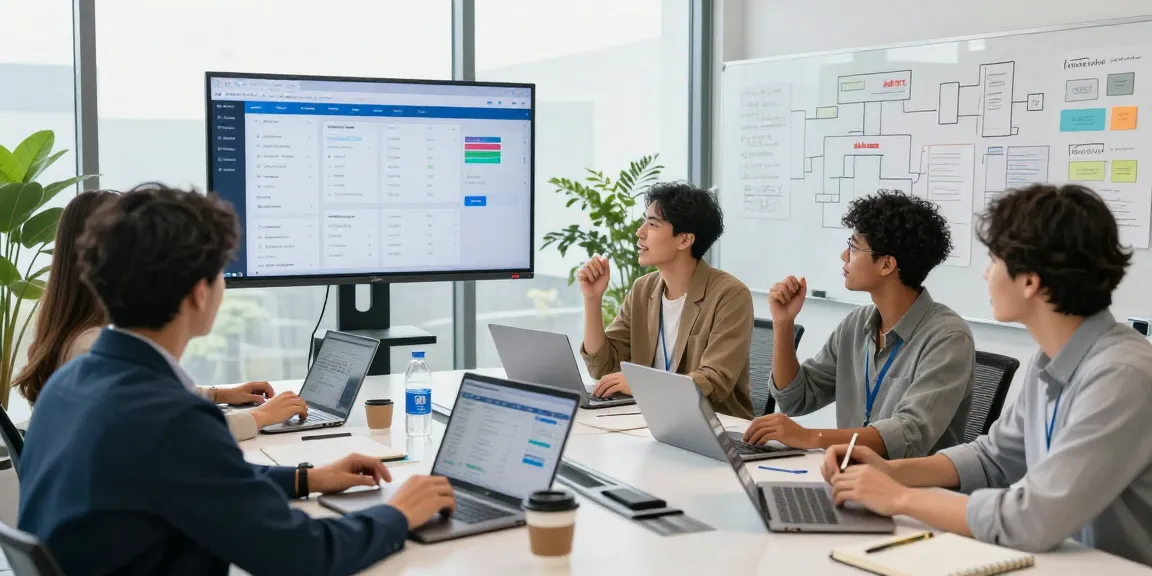 Team collaborating on a service business automation platform in a modern office setting, showcasing innovative workflow solutions.