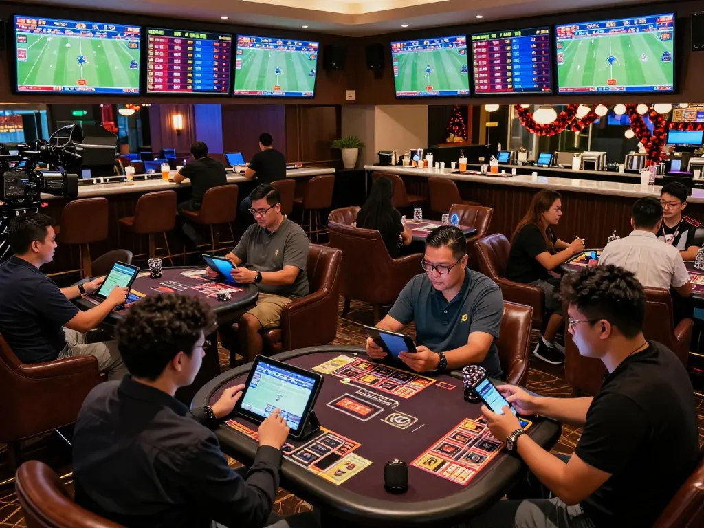 uu88 passionate bettors placing sports wagers in an elegant casino lounge with multiple screens.
