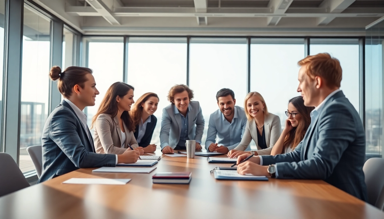 Engaged team of Quickplus Business Consultants strategizing in a modern office environment.