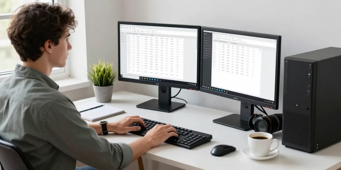 Refurbished pc in a modern home office setup with a young professional using dual monitors and a laptop
