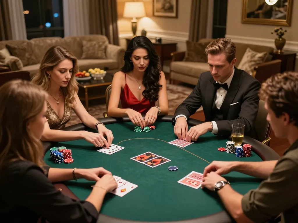 LUCKY88 players enjoying an intense poker game in an upscale home setting.