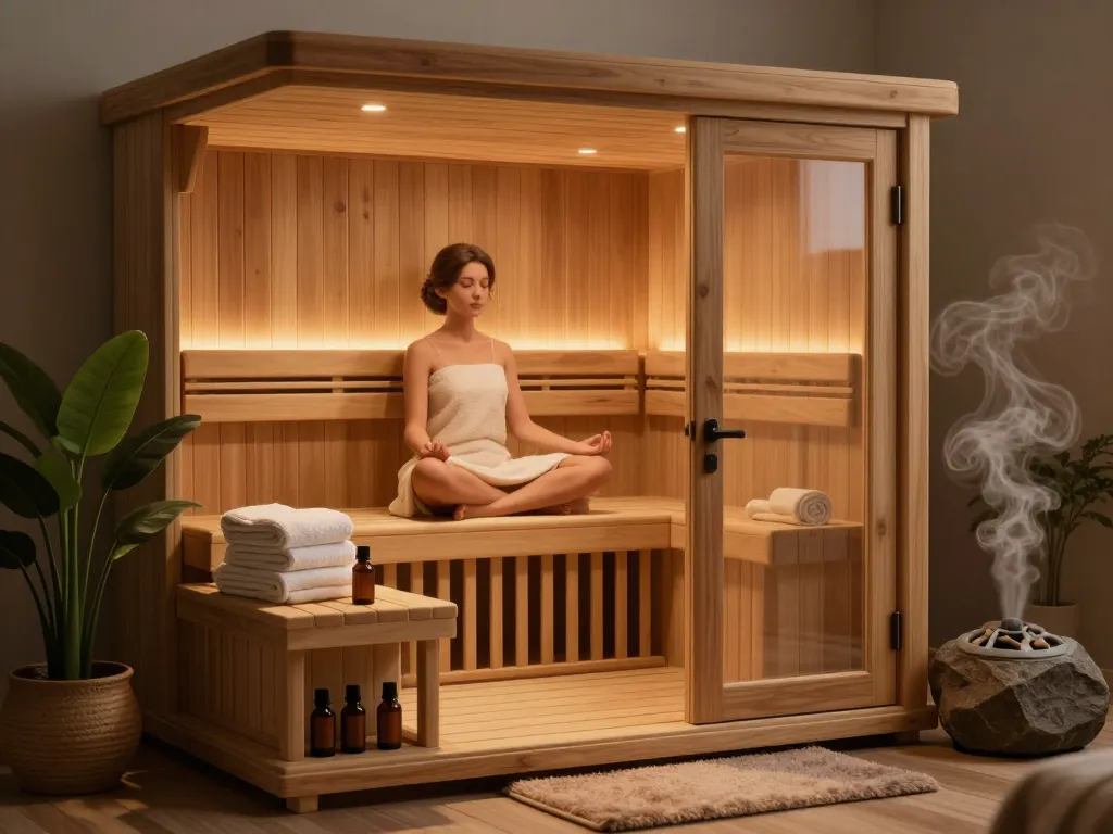 Elegant sauna 3D model in a tranquil home spa setting promoting relaxation and wellness.