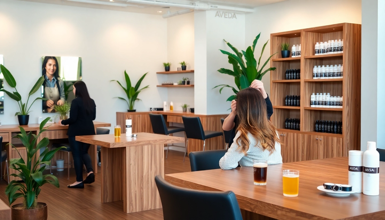 Aveda salon San Diego showcasing a stylist highlighting a client's hair in a calming, eco-friendly environment.