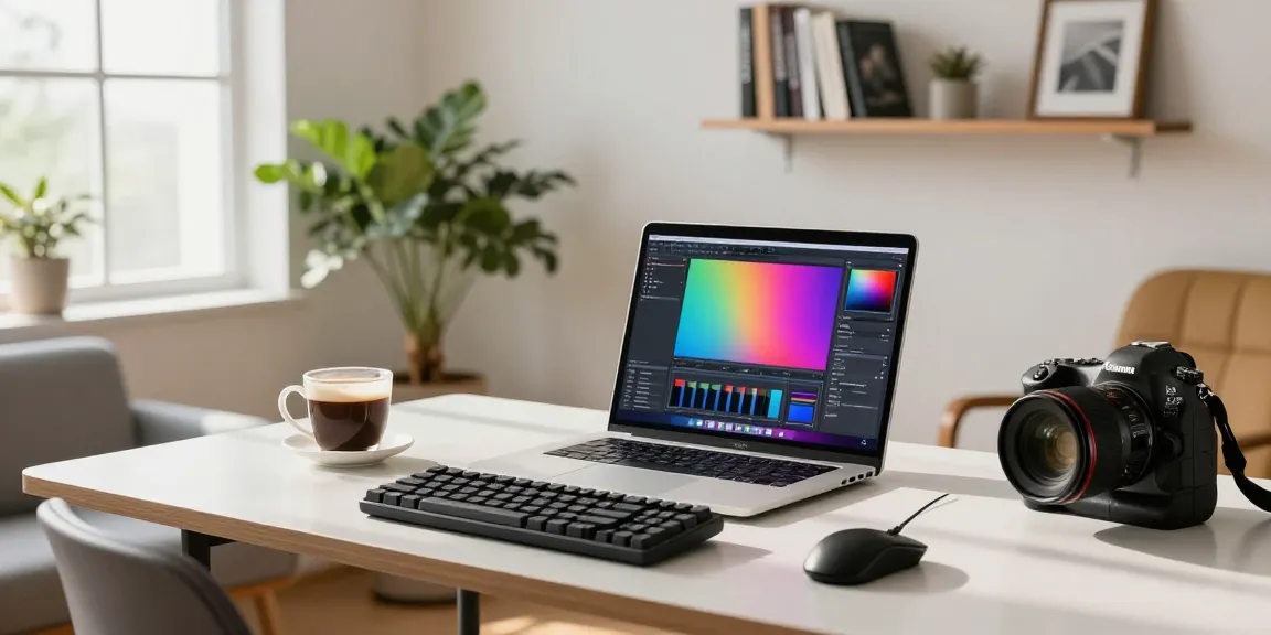 Refurbished pc in a creative home office setup with modern decor and bright lighting.
