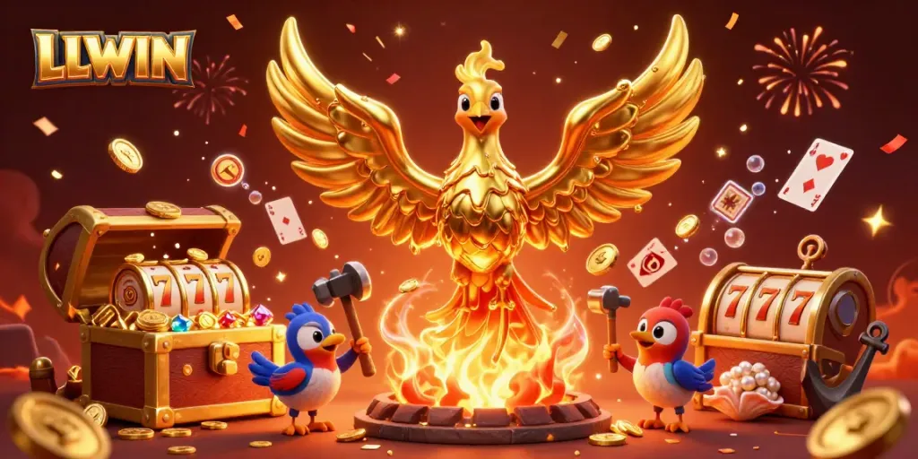 Experience the thrill of LLWIN in this dynamic 3D illustration showcasing gold coins and slots.