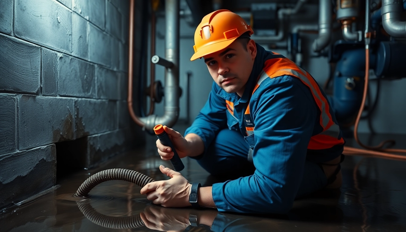 Emergency plumbing help for sewer backup with a professional plumber addressing a flooded basement crisis.