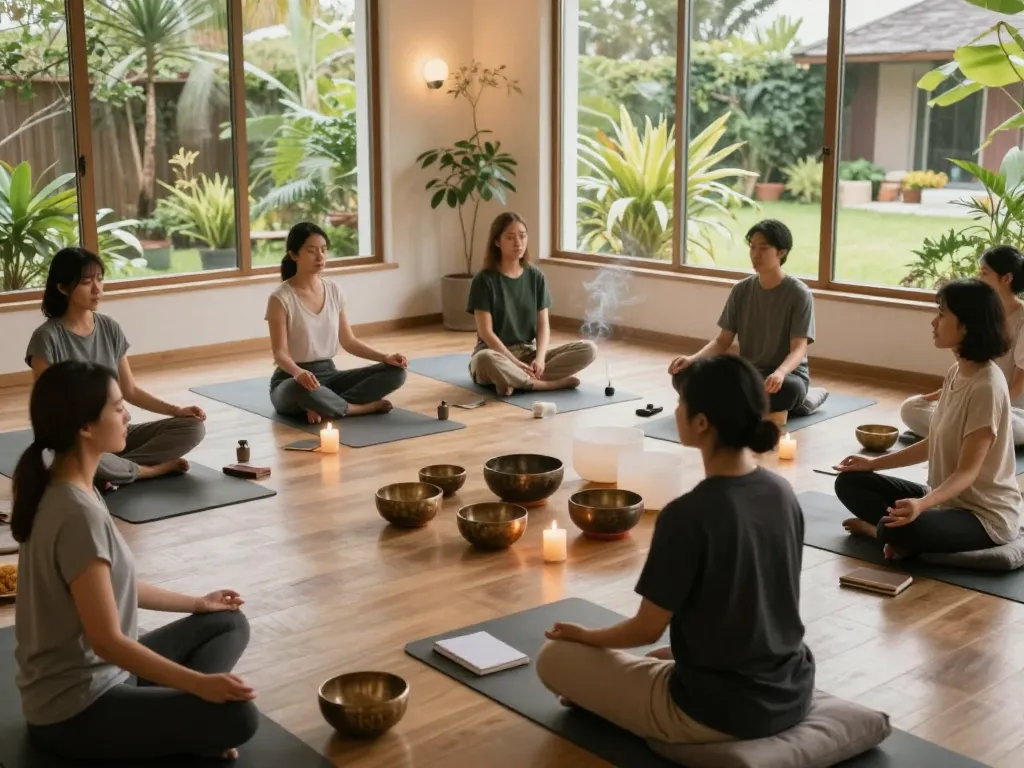 Group practicing mindset shift techniques in a serene meditation room.