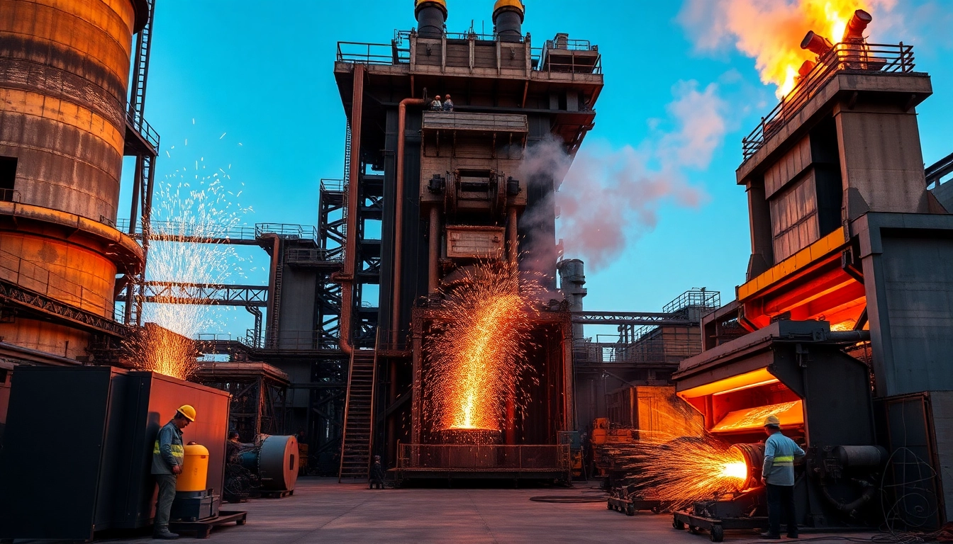 Workers monitoring operations at a modern steel mill with industrial machinery and sparks.