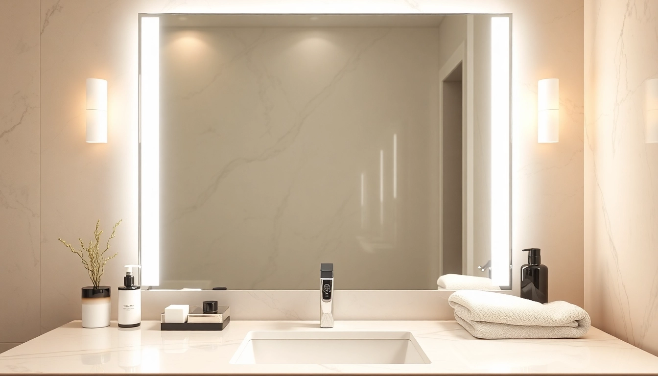 Admire the exquisite elegant led mirror reflecting a stylish bathroom setting.