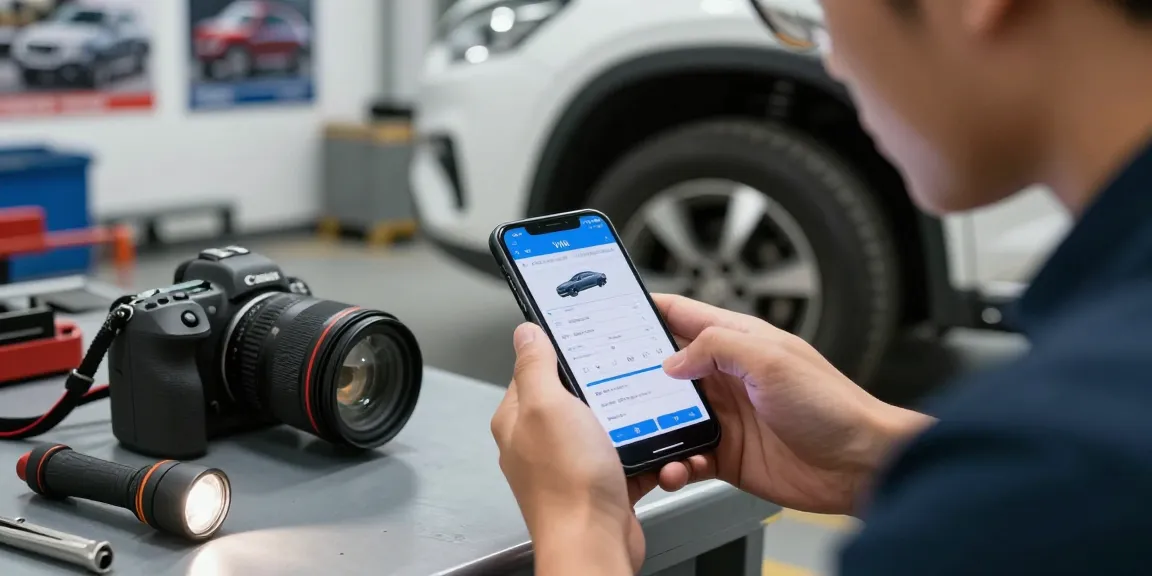 Person checking carfax report on smartphone while inspecting a used car.